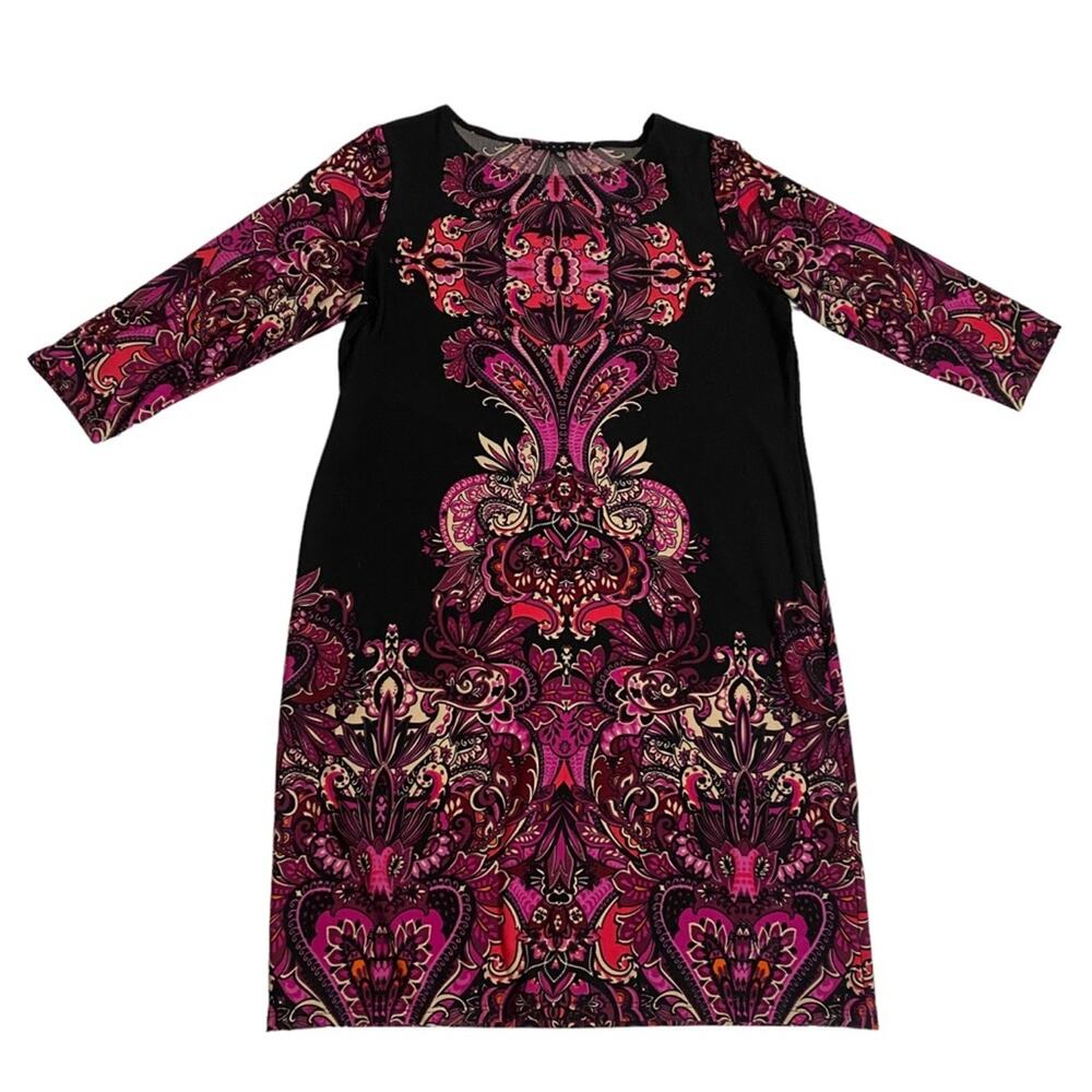 Tiana B. Size 14 Petite Black 3/4 Sleeve Stretchy Dress with Pink Paisley Print